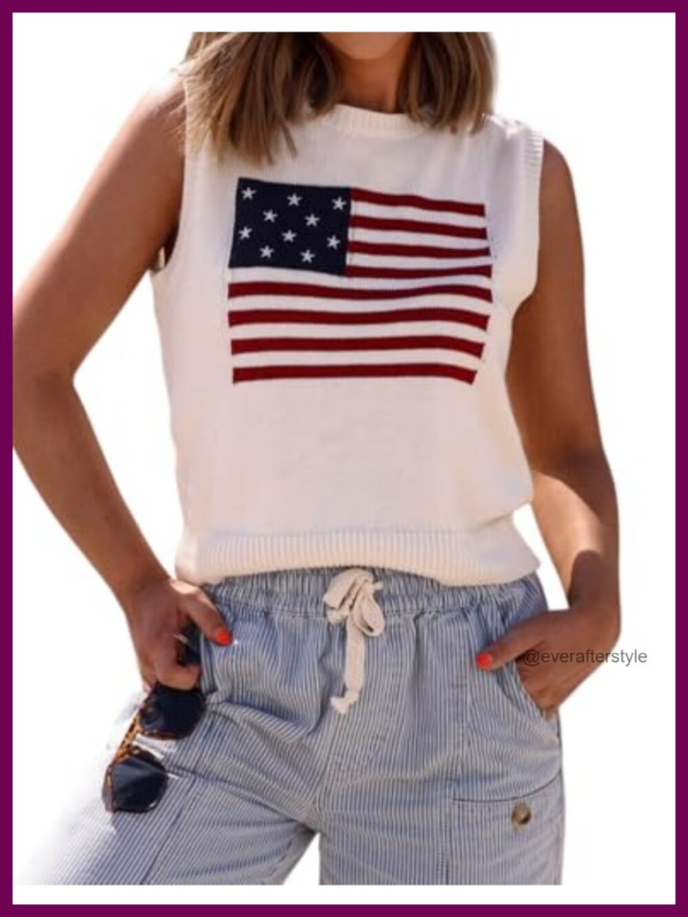 Womens Sleeveless Crop Knit Sweater Tank with American Flag Embroidery